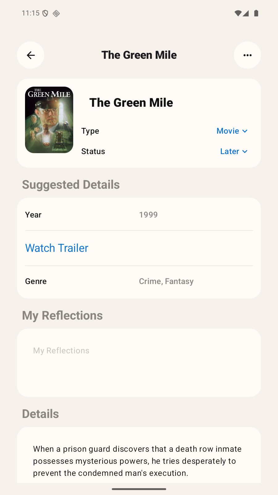 A saved recommendation with details in BakLater